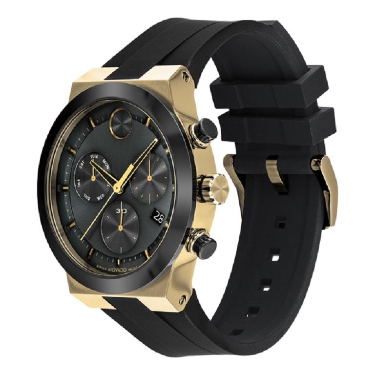 Movado BOLD Fusion, 44 mm pale yellow gold ion-plated stainless steel case & black ceramic bezel with a black chronograph dial on black silicone strap.

Dial: Black With Index
Case Diameter: 44MM
Case Materia: Pale Gold Ionic-Plated Stainless