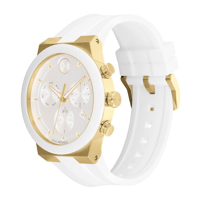 Movado Bold Fusion 44mm White Dial Gold Ion-Plated Stainless Steel Watch 3600893

Sporty style with contemporary-cool edge. This BOLD Fusion chronograph features a super sleek white silicone strap for an undeniably modern feel. This minimalist