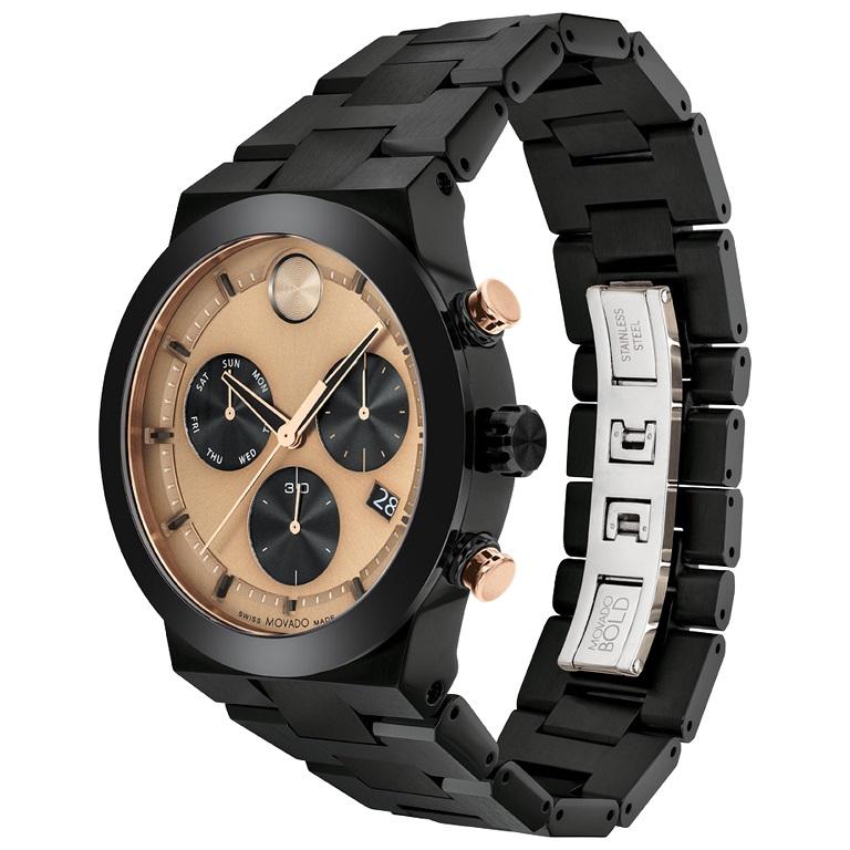 Movado Bold Fusion Chronograph 44mm Bronze Dial Stainless Steel Watch 3600897

Sporty style with contemporary-cool edge. This BOLD Fusion chronograph features a black ion-plated stainless steel 44mm case and a matching link bracelet for a sleek,