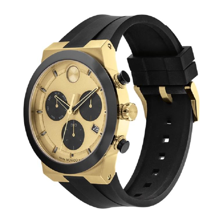 Movado Bold Fusion Chronograph 44mm Stainless Steel Gold Dial Men's Watch 3600895

Sporty style with contemporary-cool edge. This BOLD Fusion chronograph features a super sleek black silicone strap for an undeniably modern feel. This minimalist