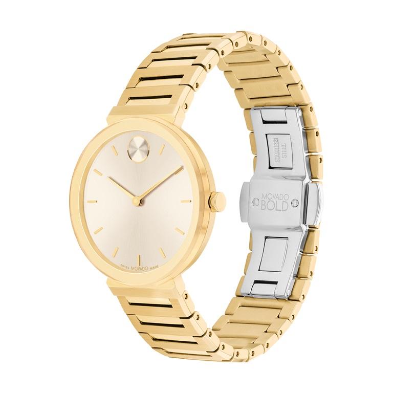 Movado Bold Horizon 34mm Pale Gold Ion-Plated Stainless Steel Watch 3601088

Refining sleek, contemporary style in an ultra-thin design. The 34mm case of this sophisticated watch is only 6.5mm thick, creating a super sleek silhouette. This timepiece