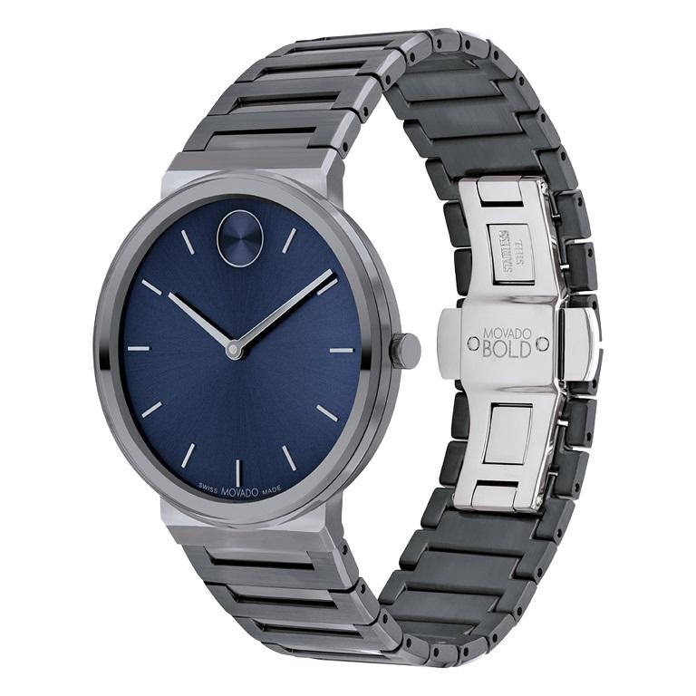 Movado Bold Horizon 40mm Blue Dial Grey Ion-Plated Stainless Steel Watch 3601076

Refining sleek, contemporary style in an ultra-thin design. The 40mm case of this sophisticated watch is only 6.7mm thick, creating a super sleek silhouette. This