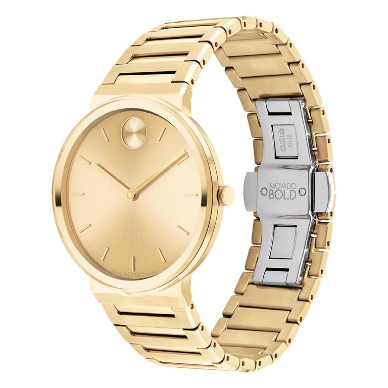 Movado Bold Horizon 40mm Yellow Dial Ionic-Plated Stainless Steel Watch 3601081

Refining sleek, contemporary style in an ultra-thin design. The 40mm case of this sophisticated watch is only 6.7mm thick, creating a super sleek silhouette. This