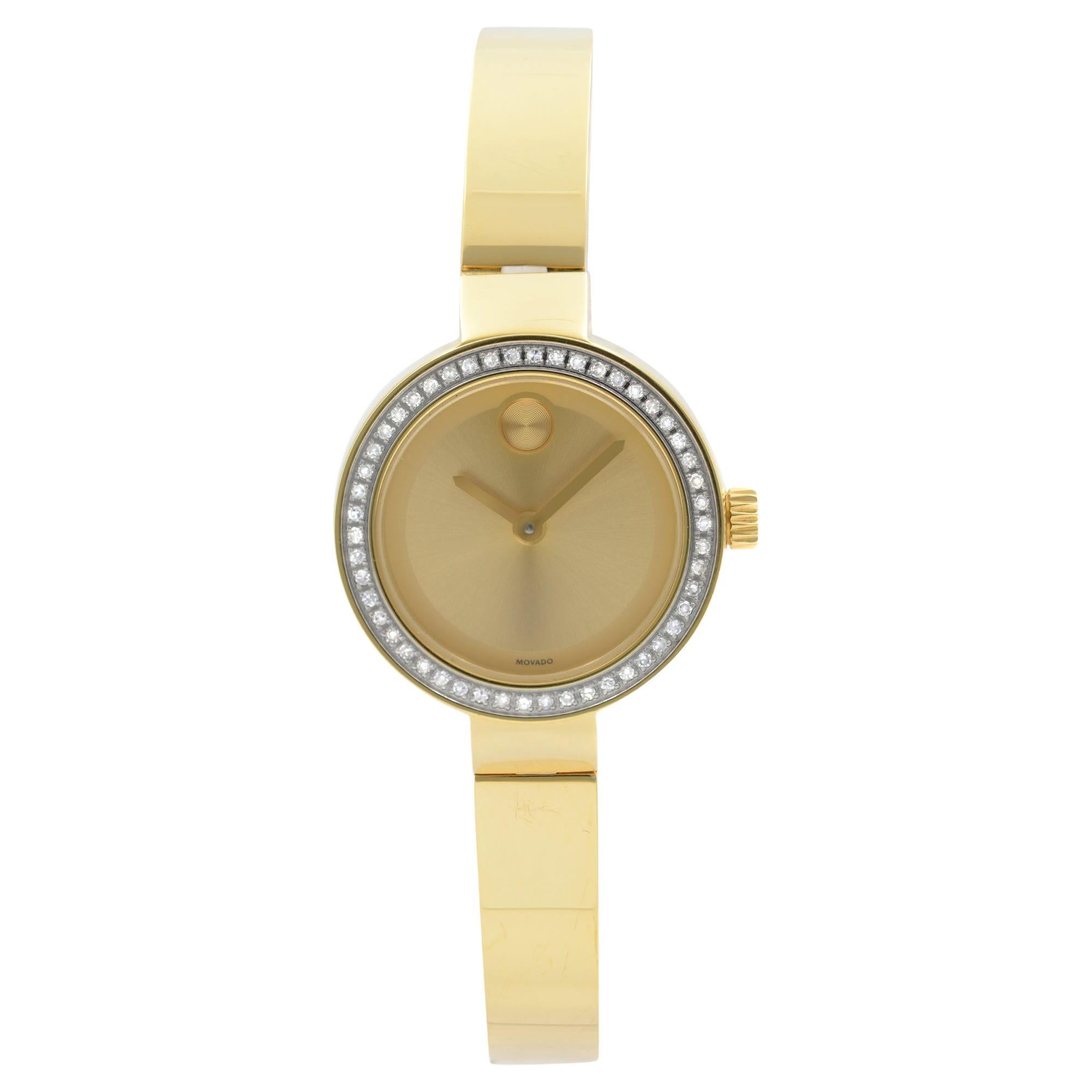 Movado Bold Museum 25mm Gold Plated Steel Diamond Quartz Ladies Watch 3600322 For Sale