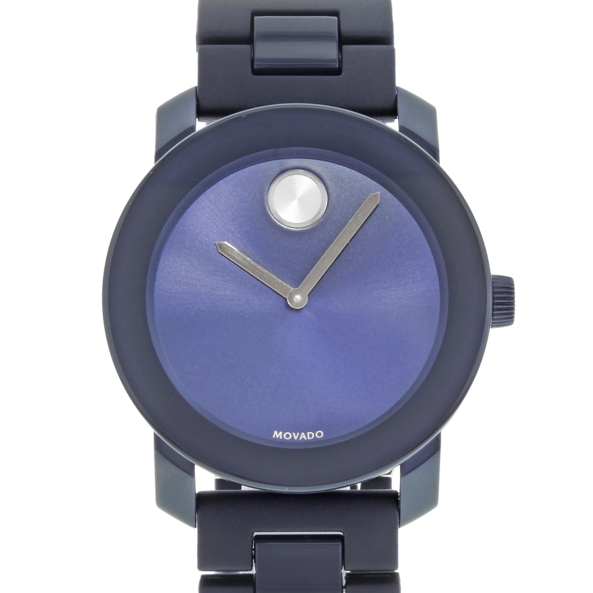 This pre-owned Movado Bold 3600444 is a beautiful men's timepiece that is powered by a quartz movement which is cased in a stainless steel & plastic case. It has a round shape face, no features dial and has hand unspecified style markers. It is
