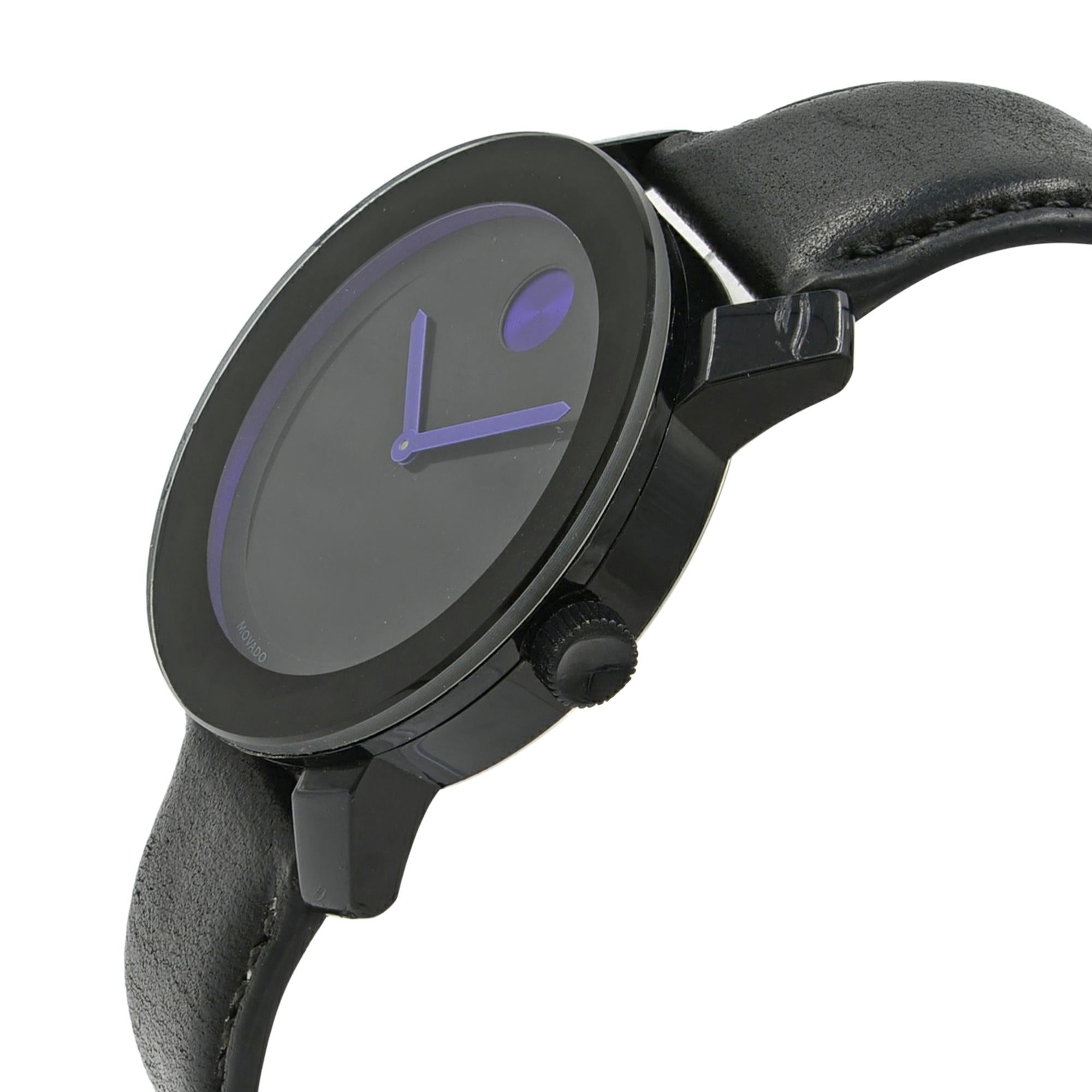 Movado Bold Satin Black Dial Purple Accents Plastic Steel Unisex Watch 3600479 In Fair Condition In New York, NY