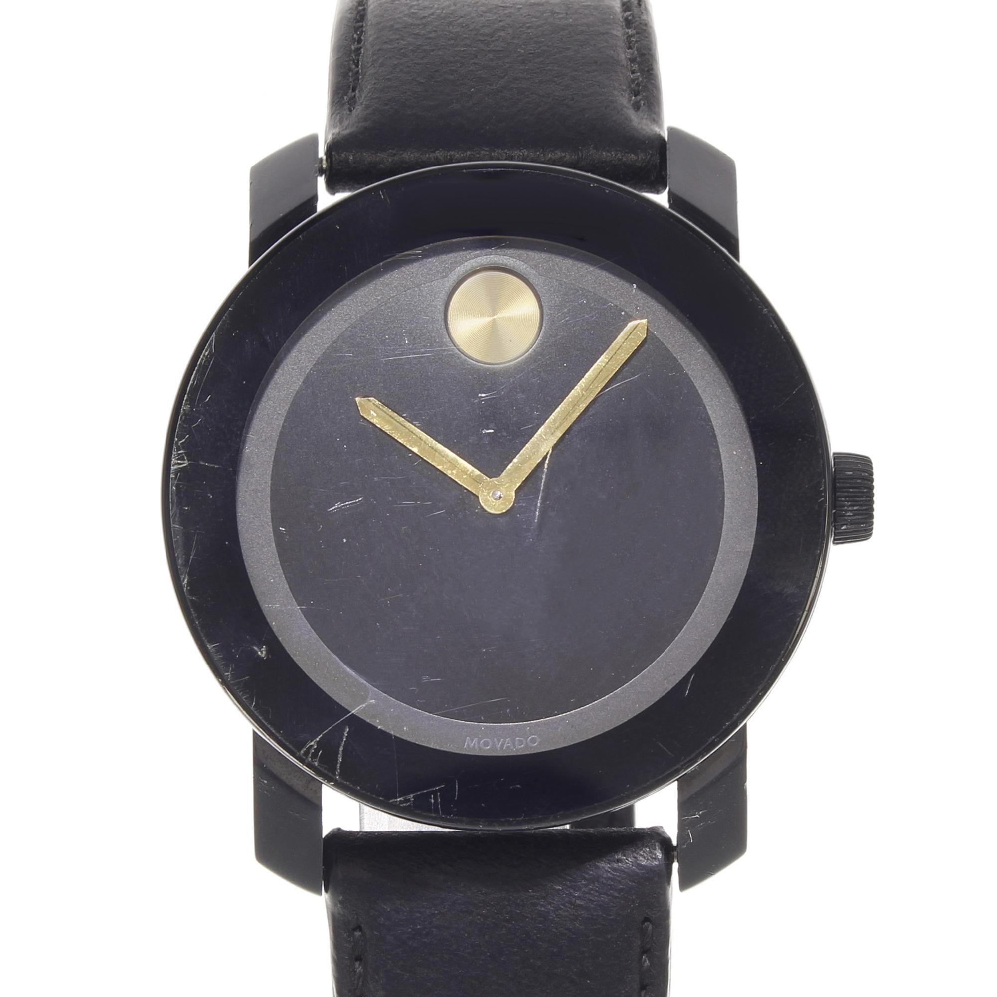This pre-owned Movado 1296003 is a beautiful men's timepiece that is powered by a quartz movement which is cased in a stainless steel case. It has a round shape face, no features dial and has hand unspecified style markers. It is completed with a