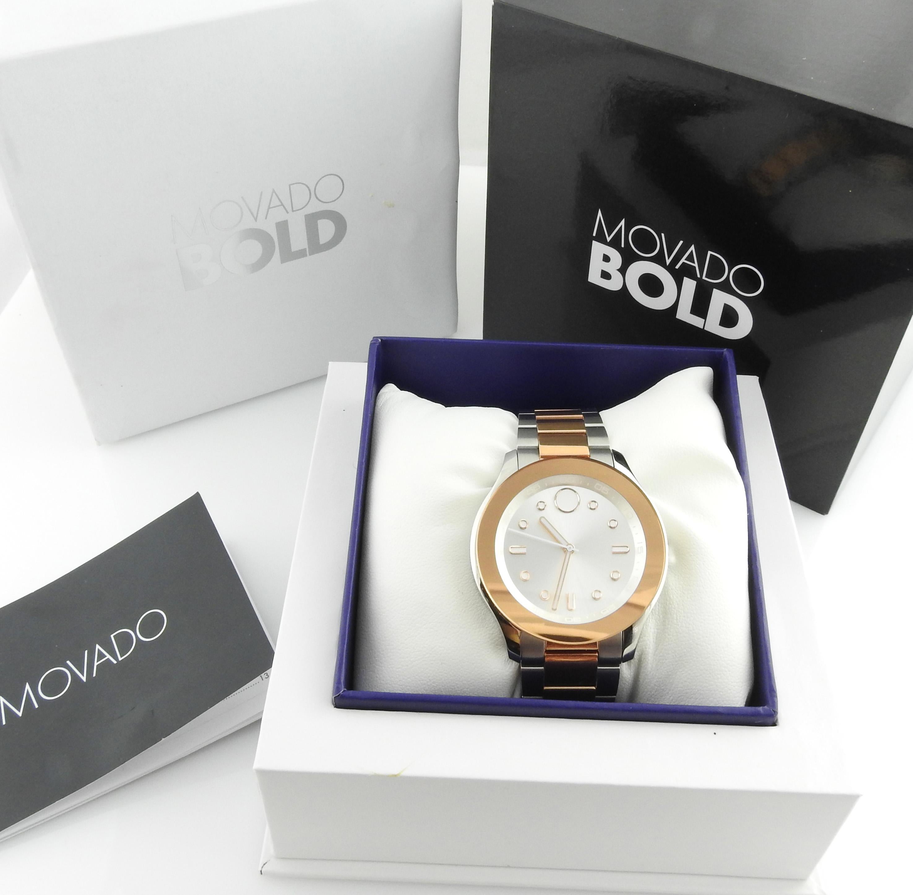Movado Bold Stainless Steel Two Tone Ladies Watch Rose and Silver Tones Box For Sale 4