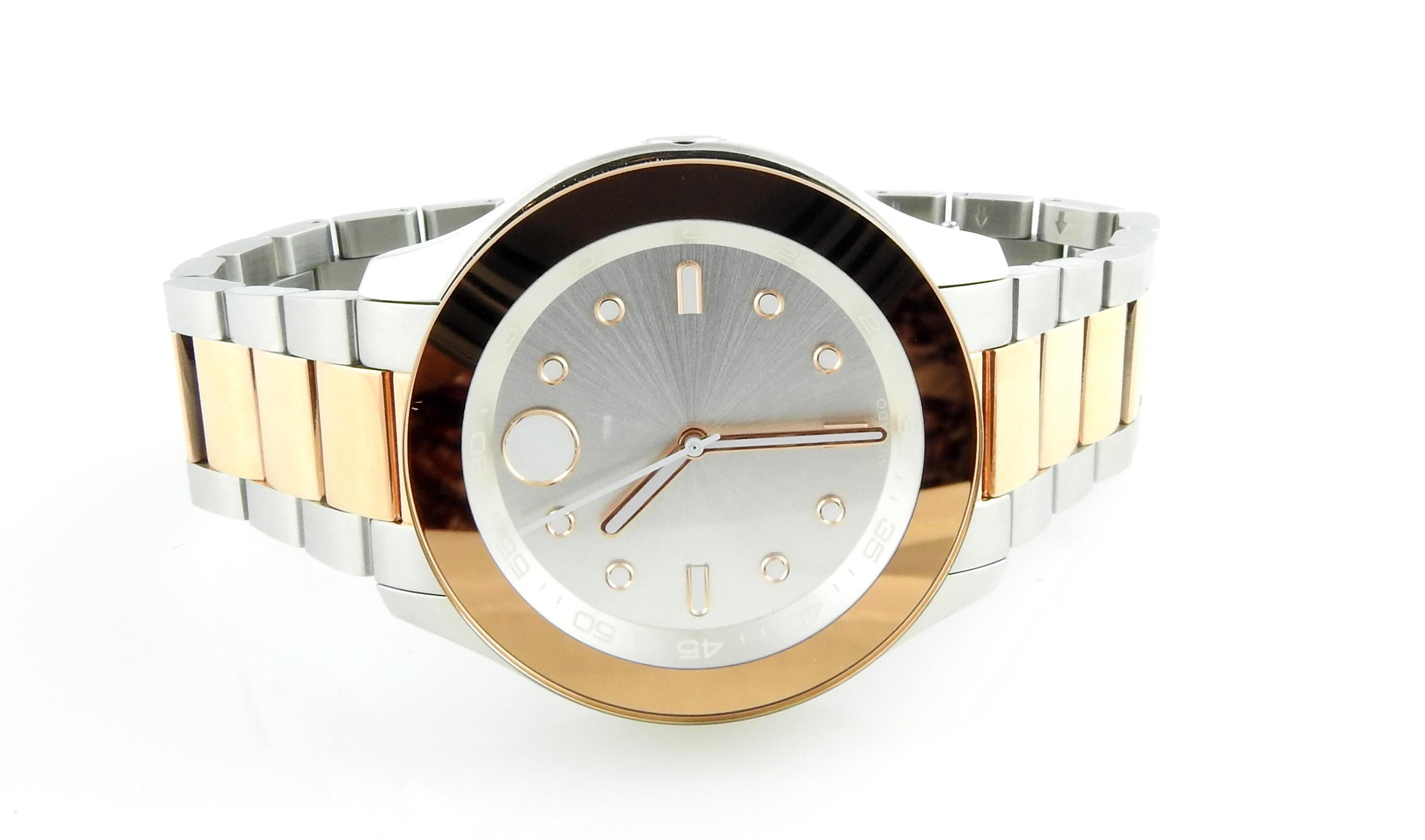 Movado Bold Edelstahl Damenuhr

Modell: MB.01.3.20.6301

Diese auffällige Damenuhr hat ein 38mm Gehäuse

Edelstahlgehäuse mit silbernem Zifferblatt und rosafarbener Lünette

Edelstahlband mit Silber- und Rosatönen.

Passt bis zu 7