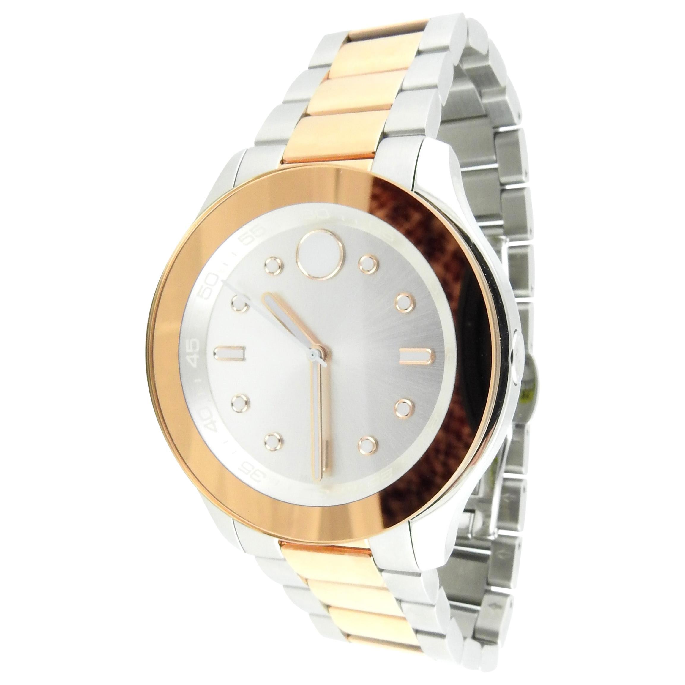Movado Bold Stainless Steel Two Tone Ladies Watch Rose and Silver Tones Box