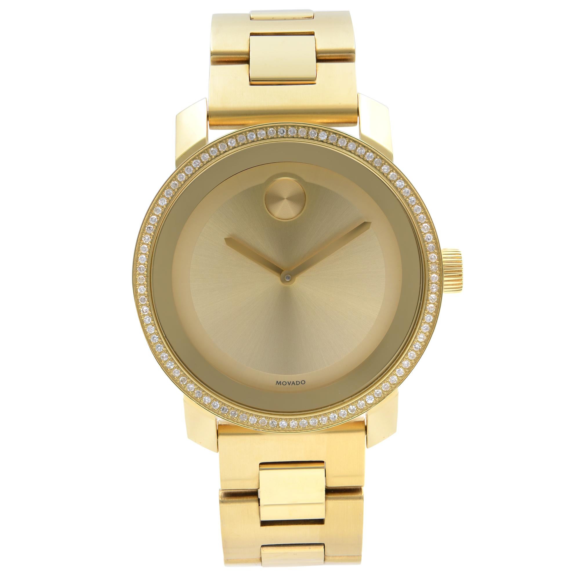 Movado Bold Steel Diamond Bezel Gold Dial Quartz Unisex Watch 3600150