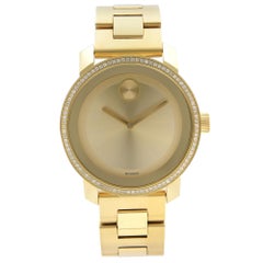 Movado Bold Steel Diamond Bezel Gold Dial Quartz Unisex Watch 3600150