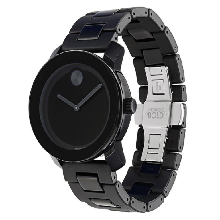 Movado Bold TR90 42mm Black Dial Stainless Steel Men's Watch 3600047

Large Movado BOLD watch, 42 mm black TR90 composite material and stainless steel case, black dial with matching sunray dot and hands, black TR90, black polyurethane and stainless