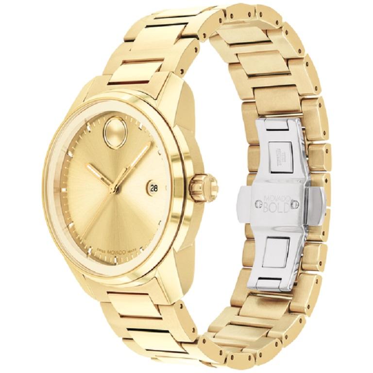 Movado BOLD Verso, 42 mm yellow gold ion-plated stainless steel case and bracelet with yellow gold metallization. Features a yellow gold-toned dial, Swiss Super-LumiNova® accents, and date window detailing.

Brand: Movado
Series: Bold
Sub Series: