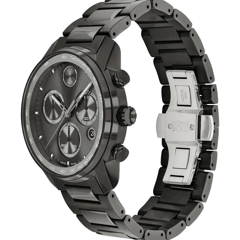 Movado Bold Verso Chronograph 44mm Grey Dial Stainless Steel Men's Watch 3600867

Movado BOLD Verso Chronograph, 44 mm gunmetal ion-plated stainless steel case and bracelet with tachymeter scale. Features a gunmetal chronograph dial, Swiss