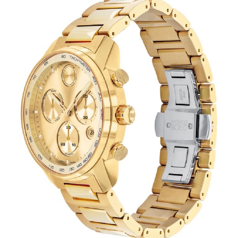 Movado Bold Verso Gold Chronograph 44mm Stainless Steel Men's Watch 3600741

Movado BOLD Verso Chronograph, 44 mm yellow gold ion-plated stainless steel case and bracelet with tachymeter scale. Features a yellow gold chronograph dial, Swiss