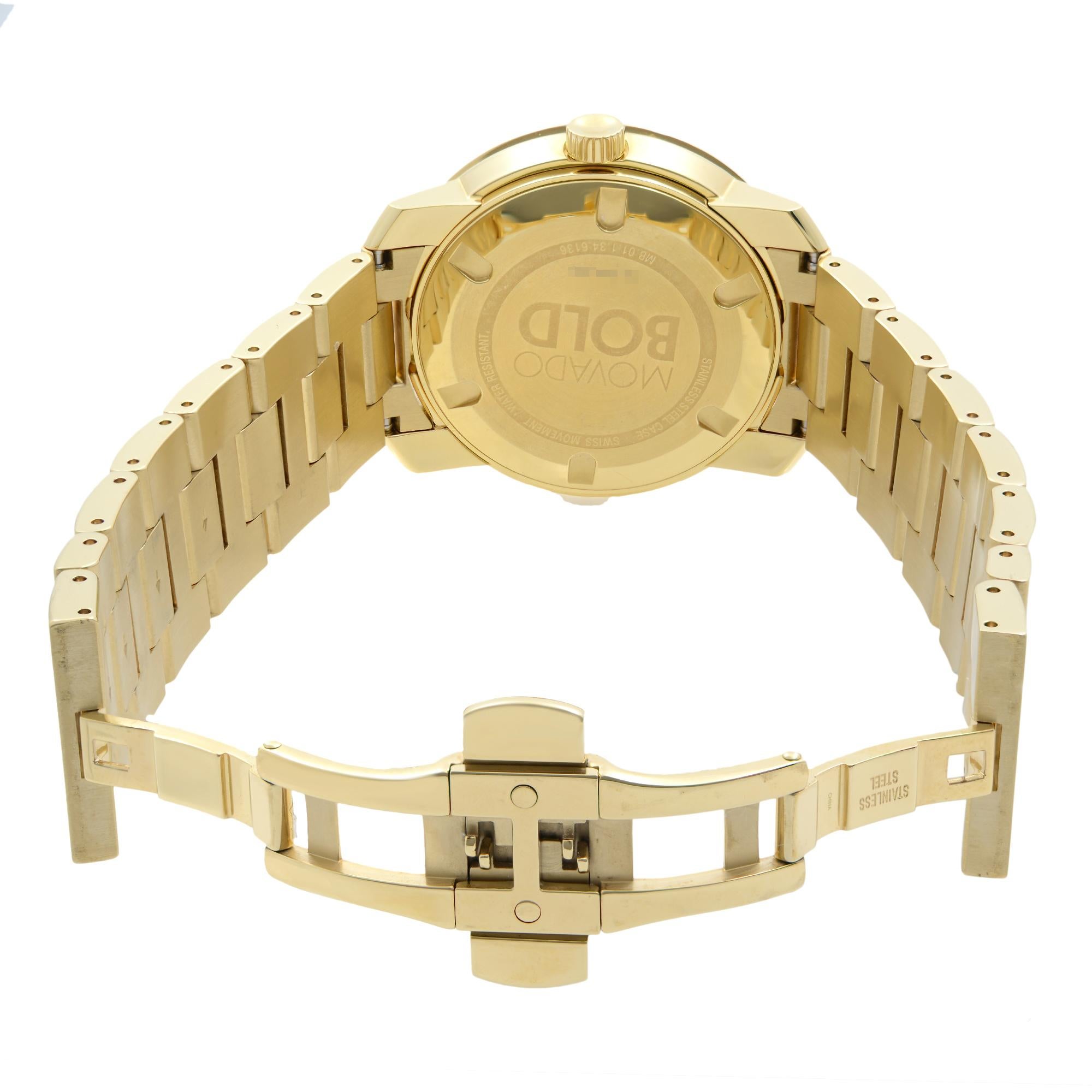 Movado Bold Yellow Gold-Plated Steel Champagne Dial Quartz Mens Watch 3600258 In Excellent Condition In New York, NY