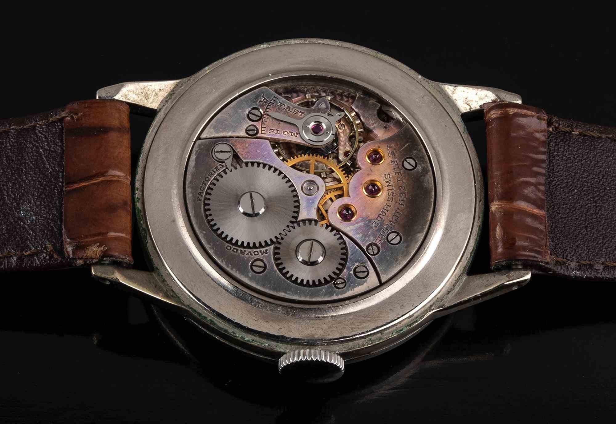 Movado cal. 75, Steel, 1940 

Movement and functions: hand-winding  cal. 75  small seconds at 6
Case: stainless steel  35 mm
Dial: two tone  deco numerals
Features: case, dial and movement signed
RARE  
