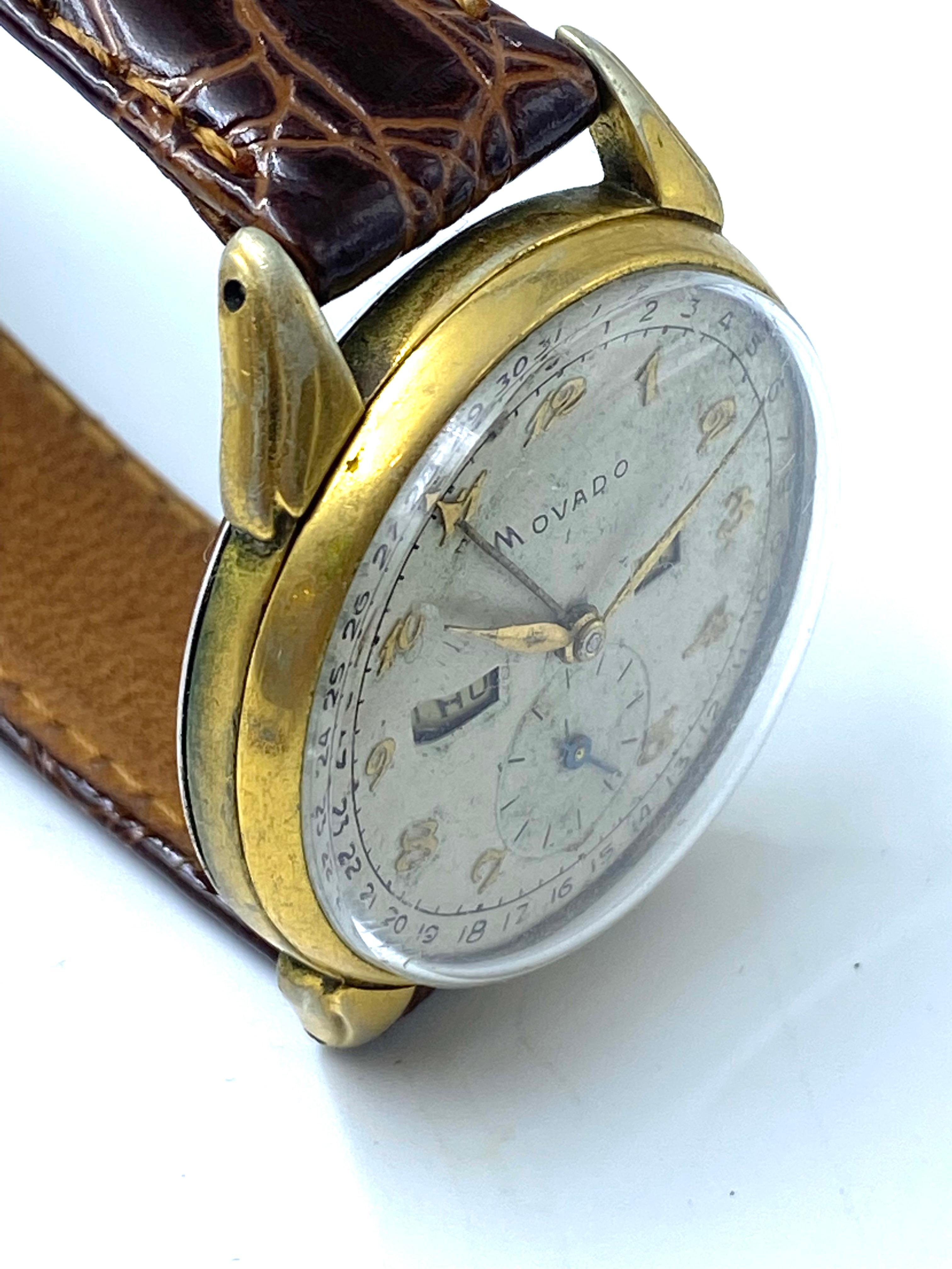 Original 1950’s men’s Movado Calendograf, triple calendar 
Gold arabic numerals dial, in proper working order.
Original movado signed steel case, in good condition, it measures 32 mm, without counting the crown. Original snap-on steel caseback, in