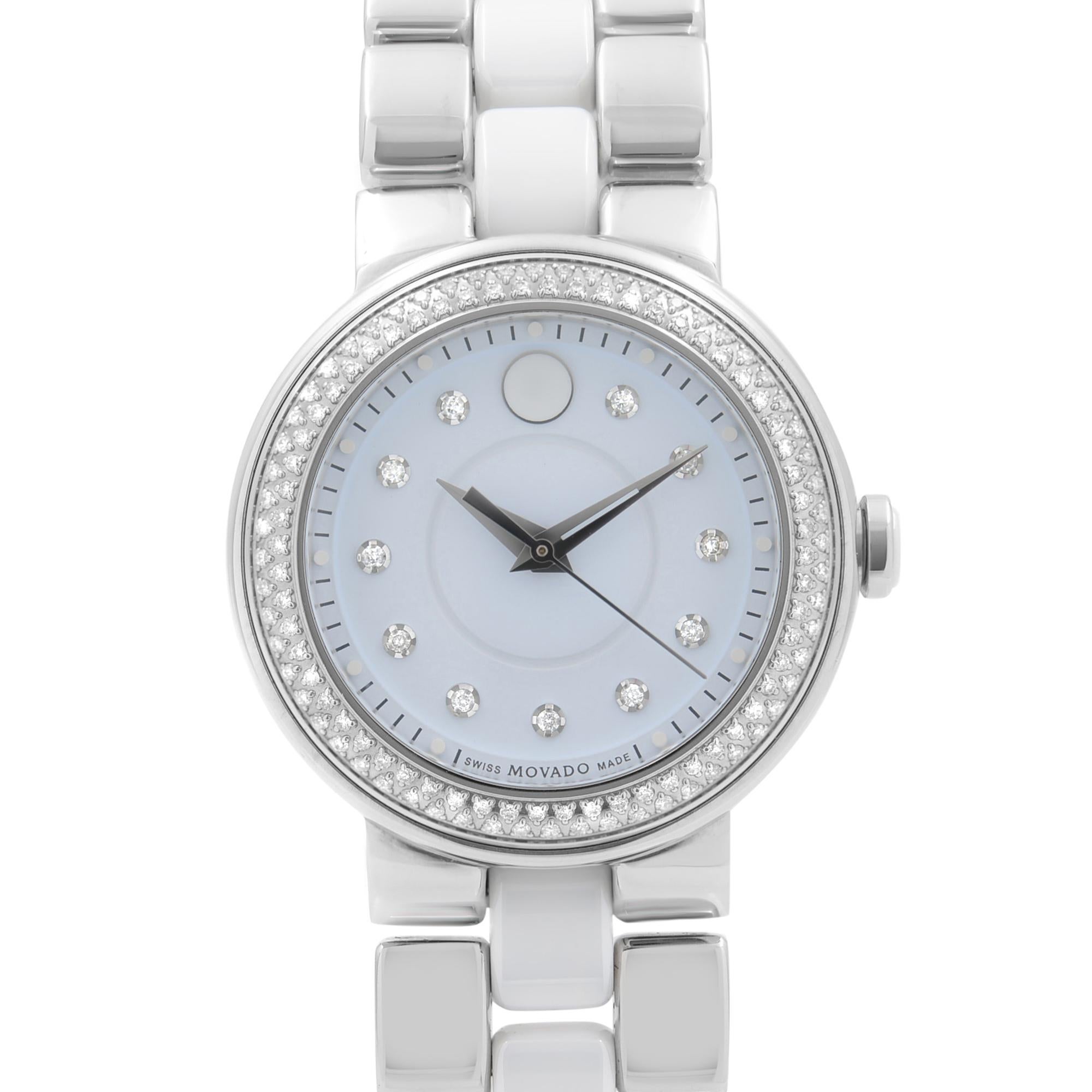 Great Pre-owned Condition Movado Cerena 28mm Steel White Ceramic Diamond Bezel Quartz Ladies Watch 0606931. The Back Case Has a Few Scratches. No Original Box and Papers are Included. Comes with a Chronostore presentation box and authenticity card.