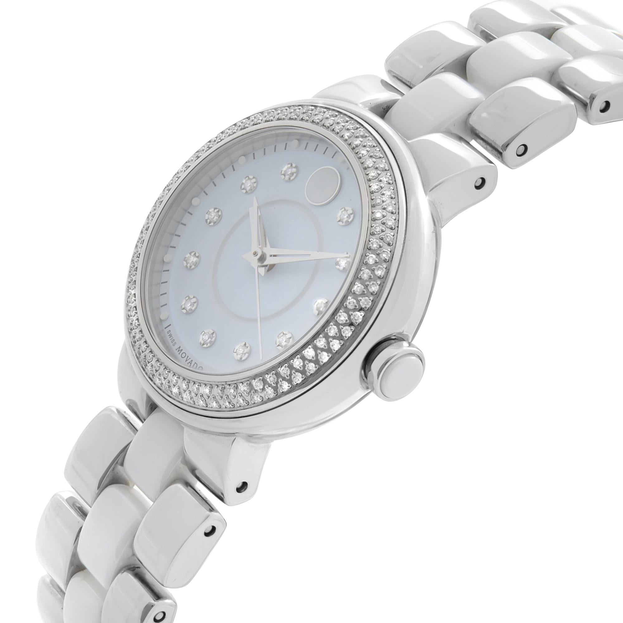 Movado Montre pour femme Cerena en acier, céramique blanche avec lunette en diamant et quartz 0606931 Excellent état - En vente à New York, NY