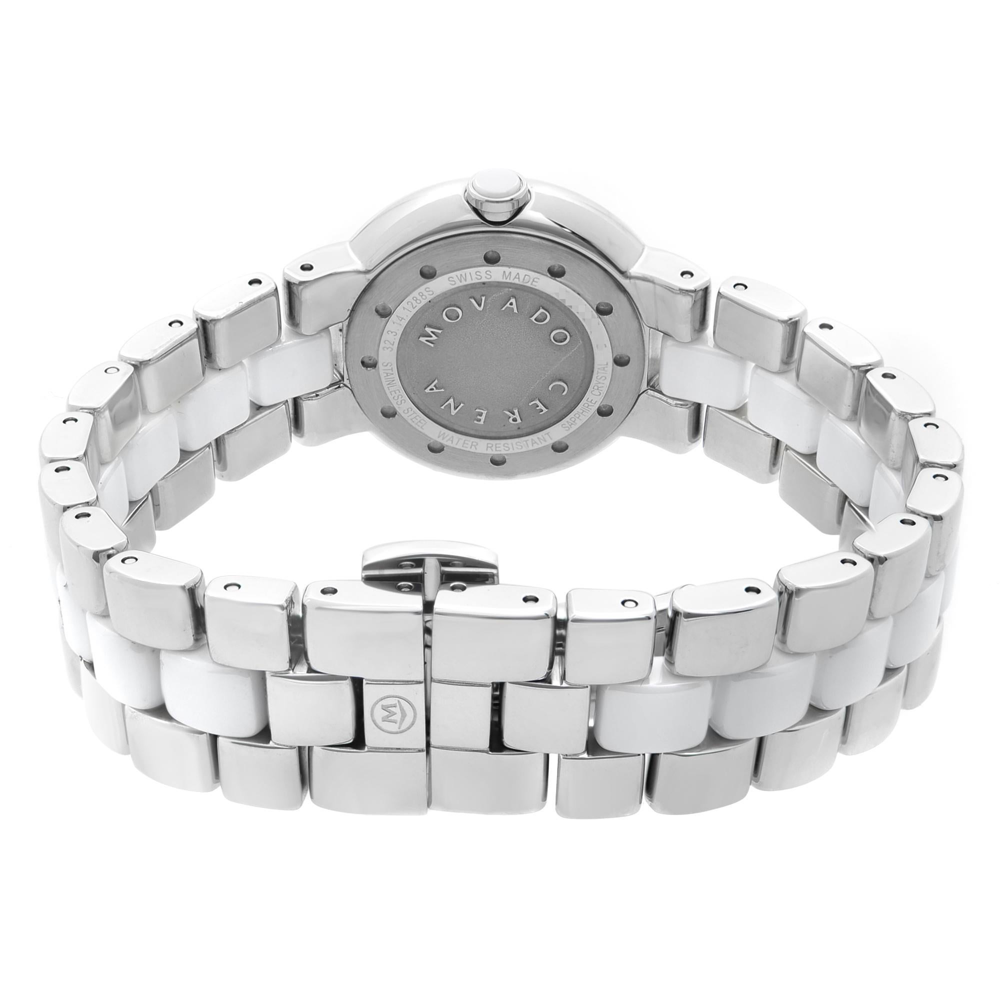Movado Montre pour femme Cerena en acier, céramique blanche avec lunette en diamant et quartz 0606931 en vente 1