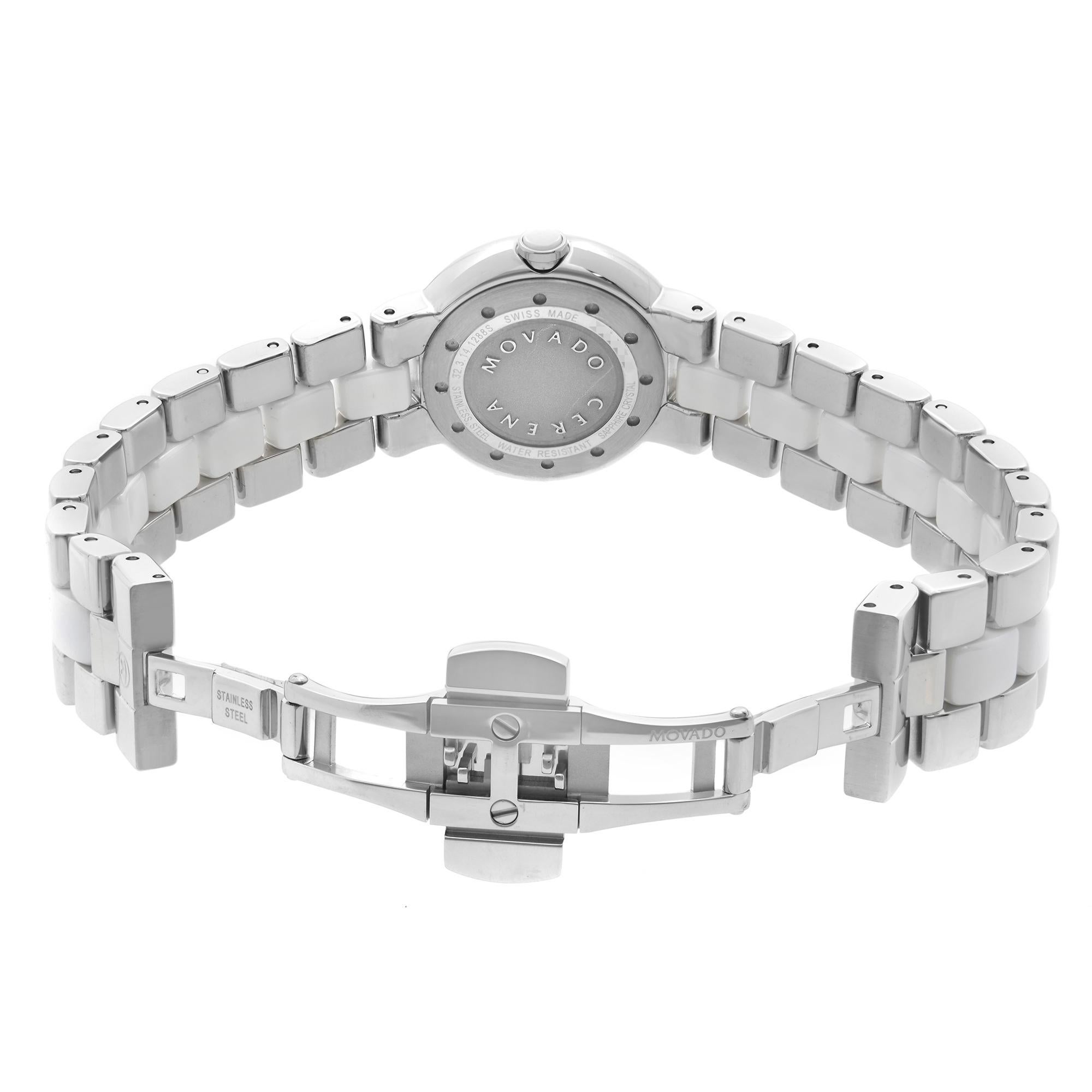 Movado Cerena Steel White Ceramic Diamond Bezel Quartz Ladies Watch 0606931 In Excellent Condition For Sale In New York, NY