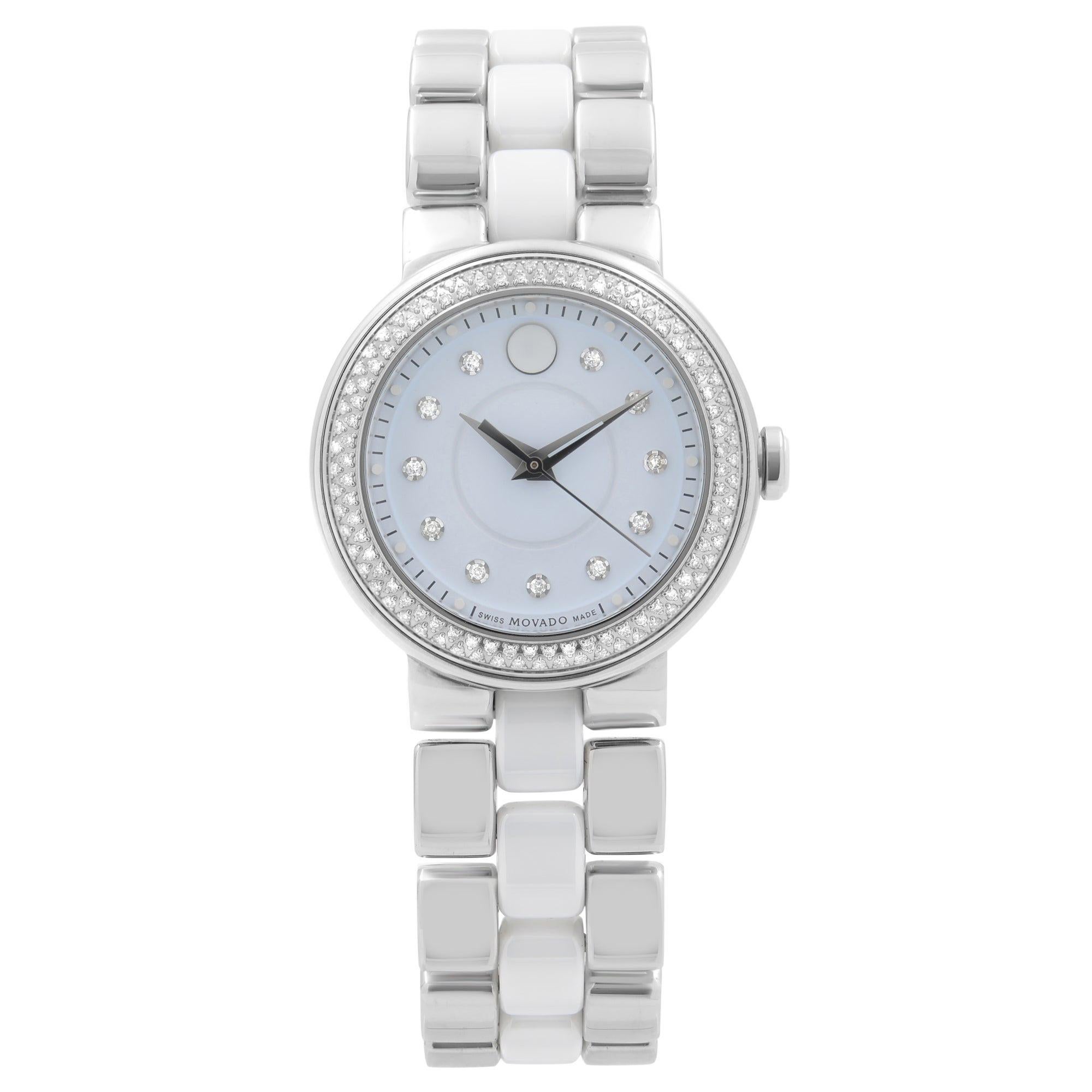 Movado Cerena Steel White Ceramic Diamond Bezel Quartz Ladies Watch 0606931 For Sale