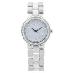 Used Movado Cerena Steel White Ceramic Diamond Bezel Quartz Ladies Watch 0606931