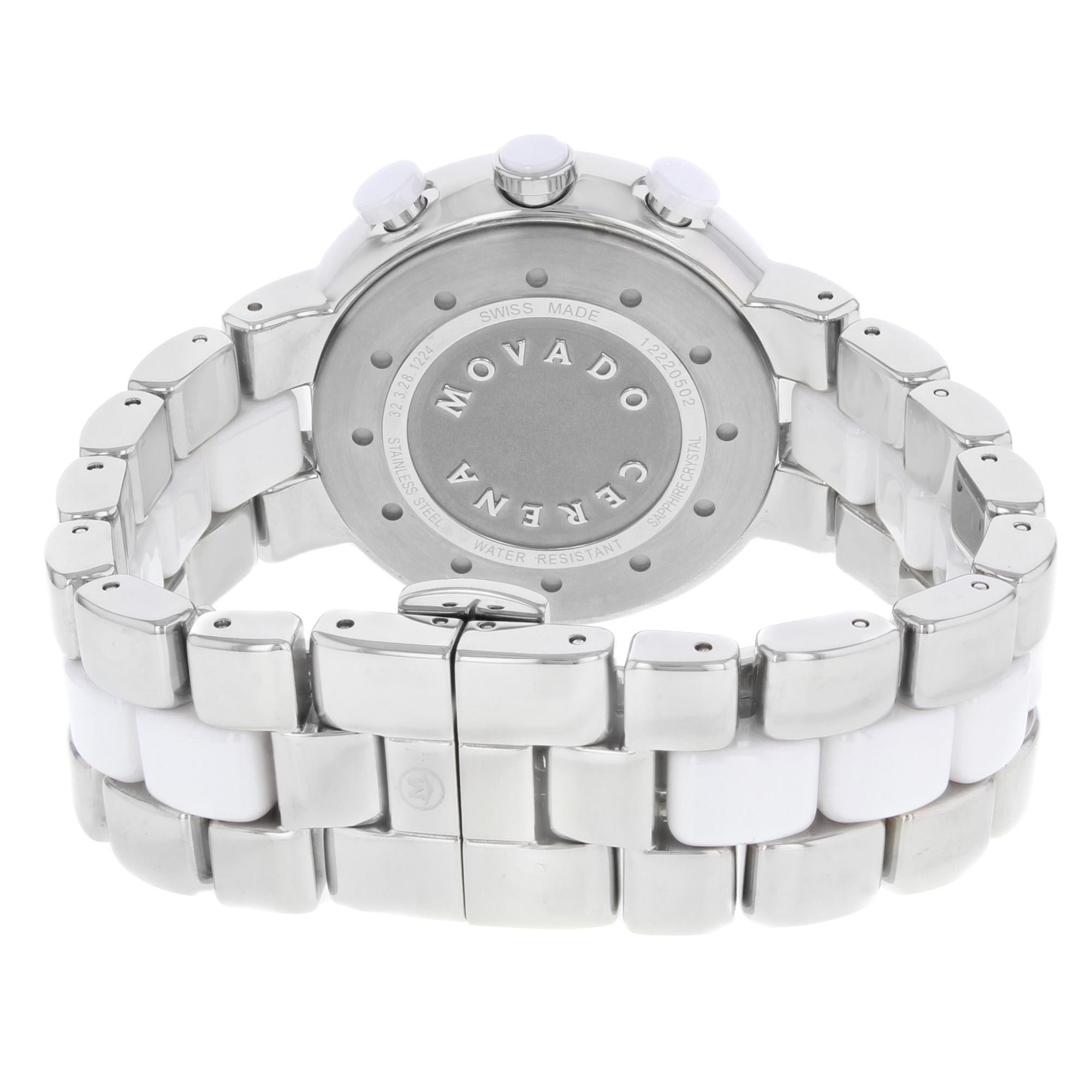 Movado Cerena White Ceramic Stainless Steel Quartz Ladies Watch 606758 In New Condition In New York, NY