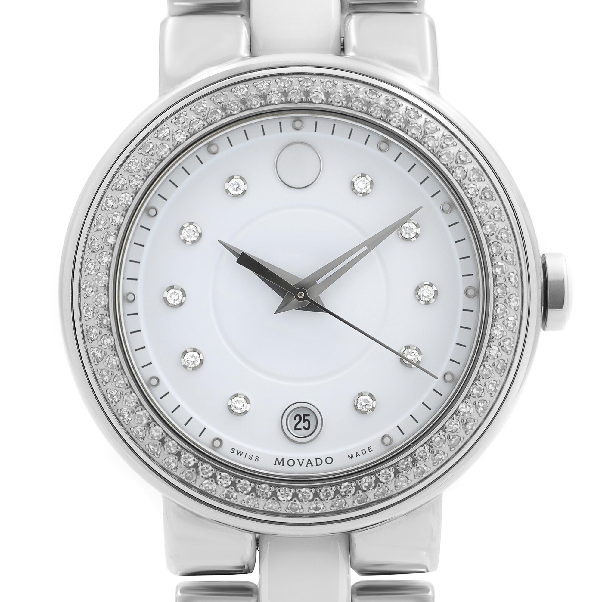 Store Display Model Movado Cerena White Ceramic Steel Diamond Bezel Quartz Ladies Watch 0606625. The Watch Might Have Minor Blemishes Due to Store Handling. Original Box and Papers are Included. Covered by 1-year Chronostore Warranty. 
Details:
MSRP