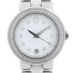 Movado Cerena White Ceramic Steel Diamond Bezel Quartz Ladies Watch 0606625