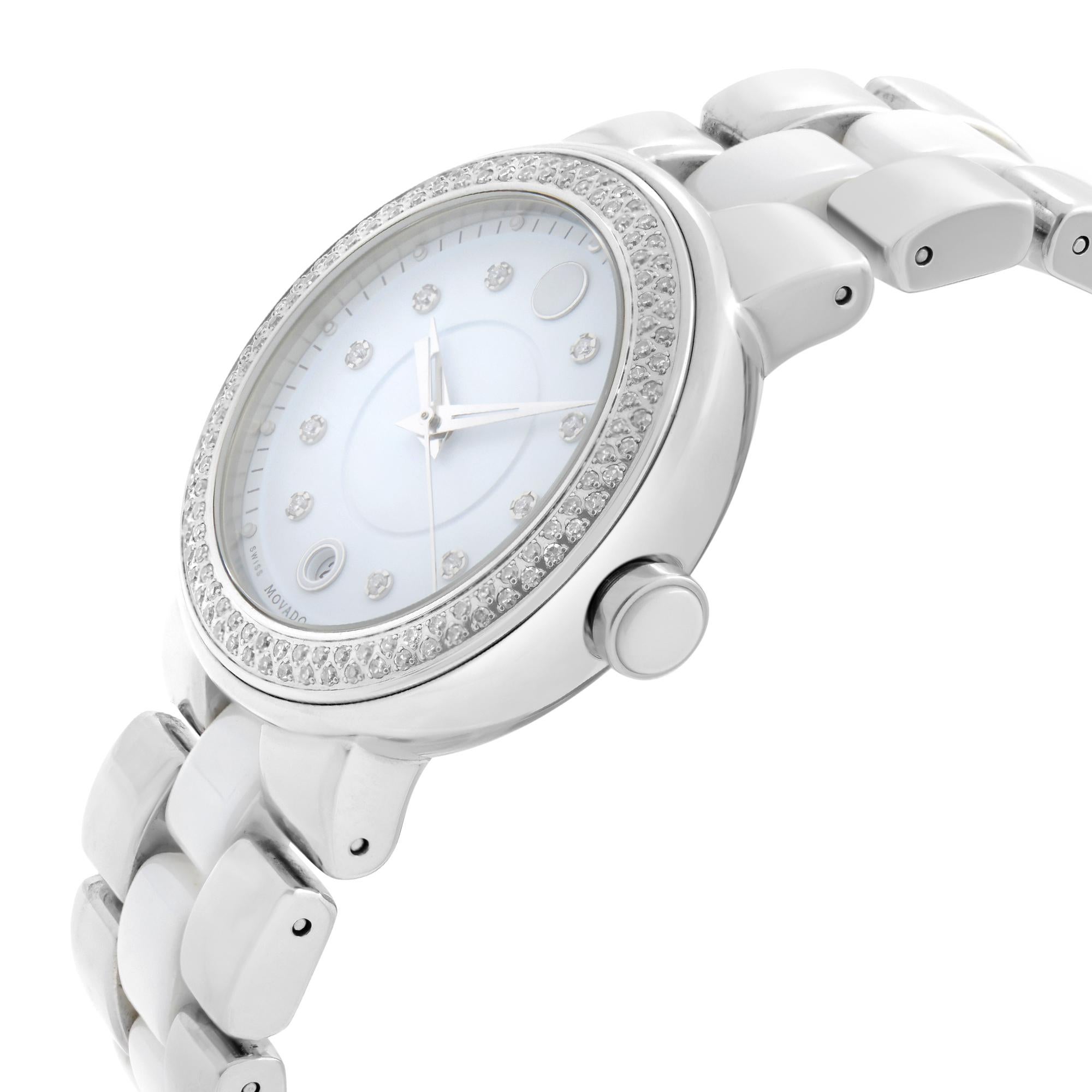 Movado Cerena Weiße Damenuhr aus Keramikstahl mit Diamant-Lünette aus Quarz 0606625 im Zustand „Neu“ im Angebot in New York, NY