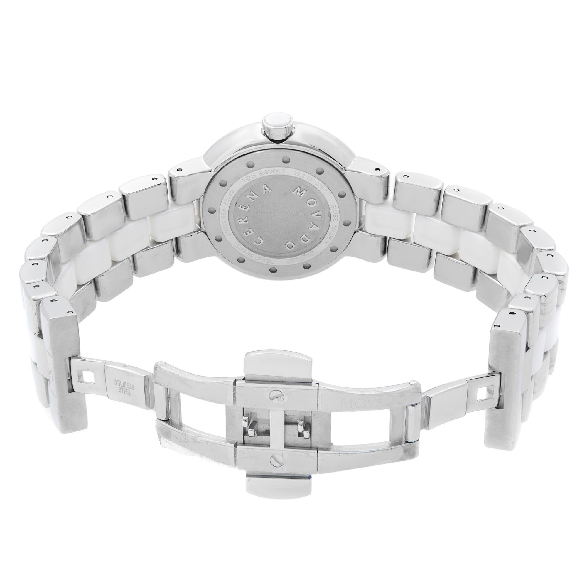 Movado Cerena White Ceramic Steel Diamond Bezel Quartz Ladies Watch 0606625 In New Condition For Sale In New York, NY