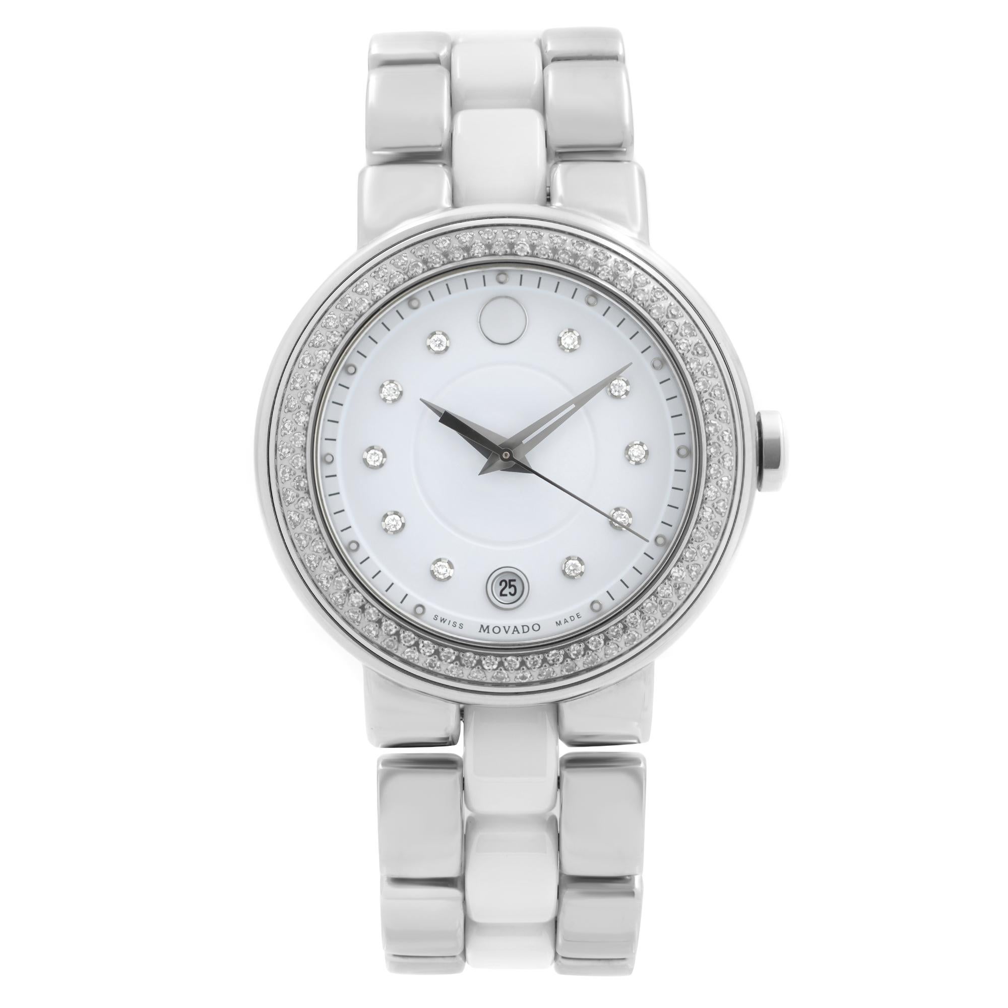 Movado Cerena White Ceramic Steel Diamond Bezel Quartz Ladies Watch 0606625 For Sale