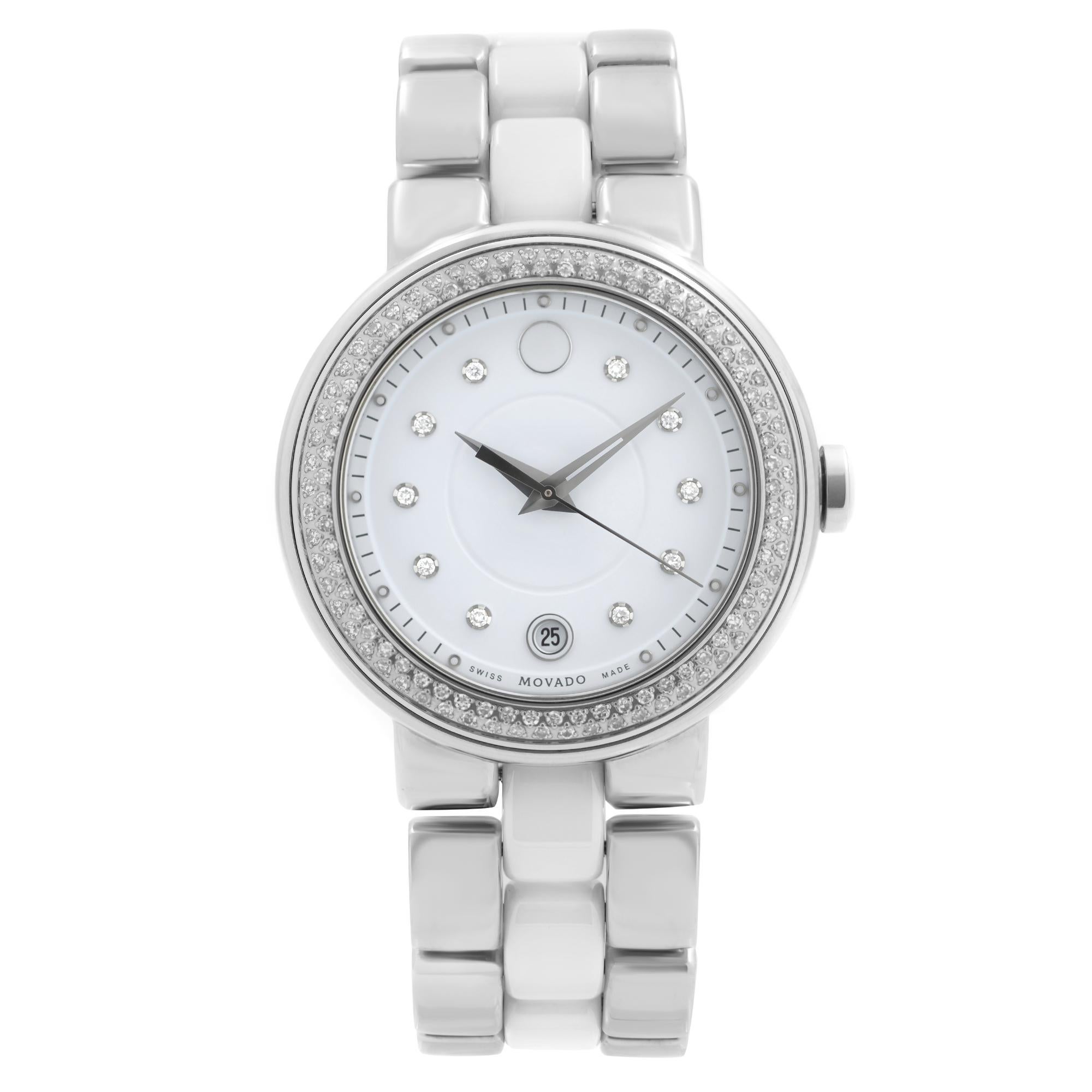 Movado Cerena Montre pour femme en céramique blanche avec lunette en diamant et quartz 0606625