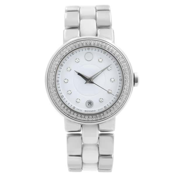 Movado Cerena White Ceramic Steel Diamond Bezel Quartz Ladies Watch ...