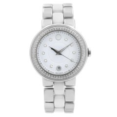 Movado Cerena White Ceramic Steel Diamond Bezel Quartz Ladies Watch 0606625