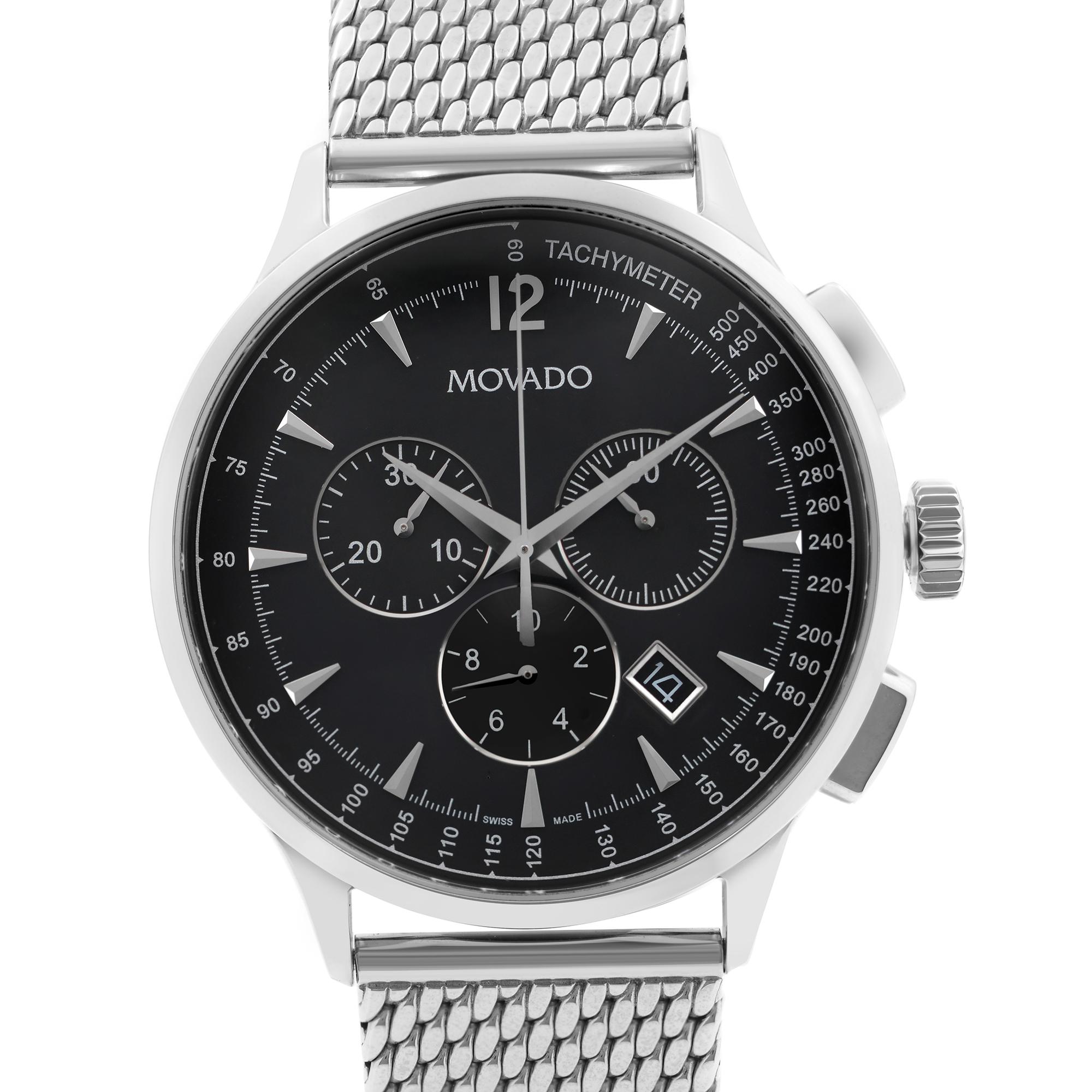 Store Display Model Movado Circa Chronograph Stainless Steel Black Dial Quartz Men's Watch 0606803. This Beautiful Timepiece Features: Stainless Steel Case, Bezel and Mesh Bracelet, Black Dial with Silver-Tone Hands, and Index Hour Markers. Original
