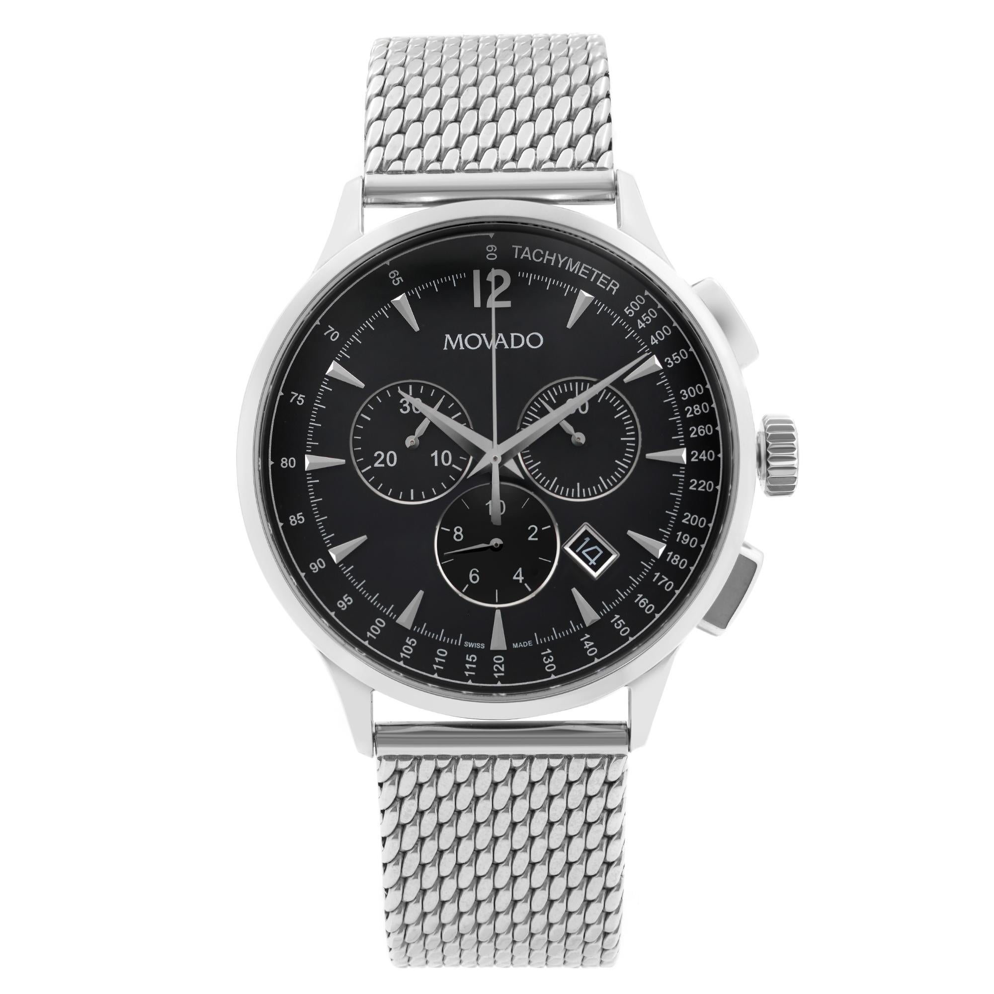 Montre pour hommes Movado Circa Chronographe en acier inoxydable avec cadran noir et quartz 0606803 en vente