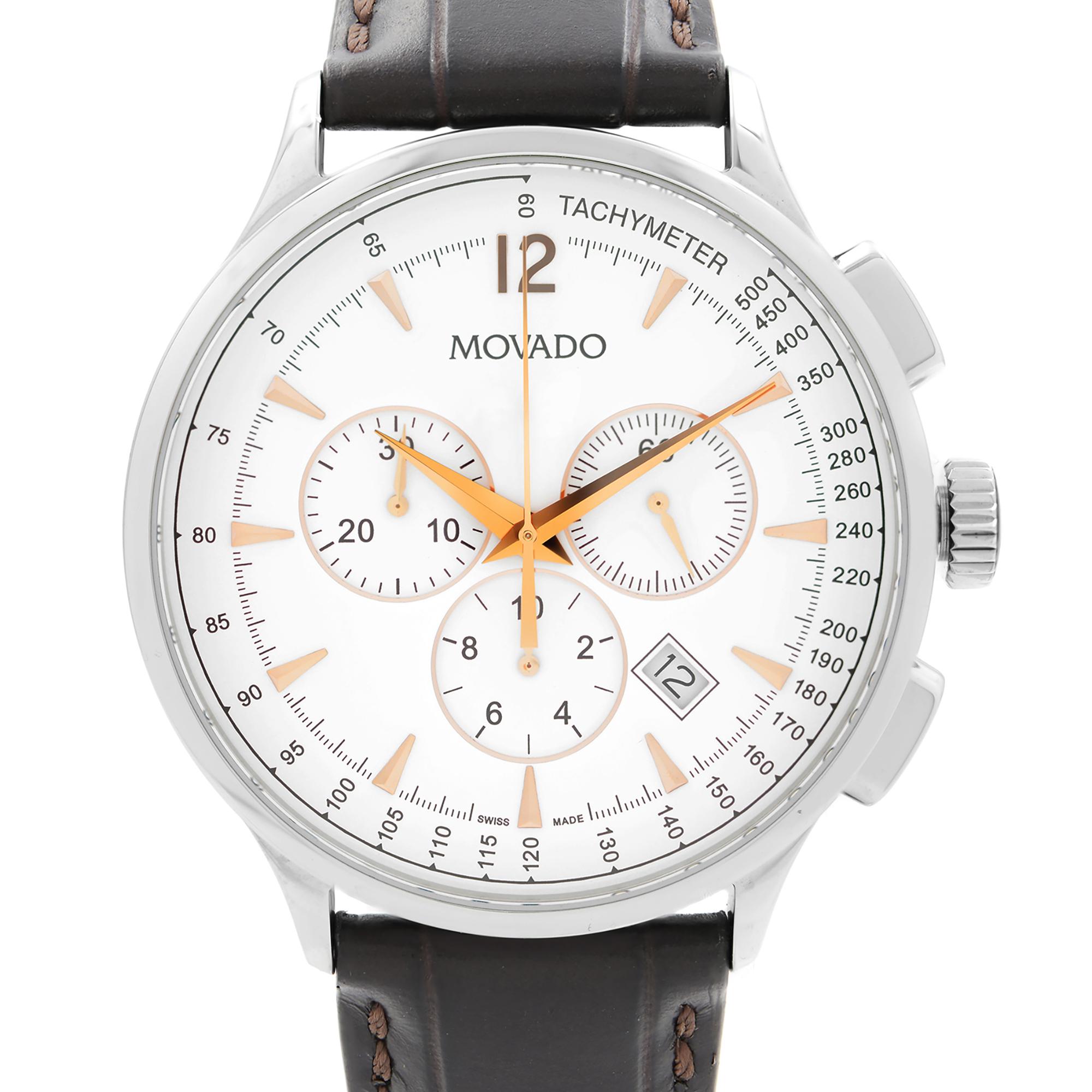 Store Display Model Movado Circa Chronograph Stainless Steel White Dial Quartz Men's Watch 0606576. This Beautiful Timepiece Features: Stainless Steel Case with a Brown Leather Strap. Fixed Stainless Steel Bezel. White Dial with Rose Gold-Tone Hands