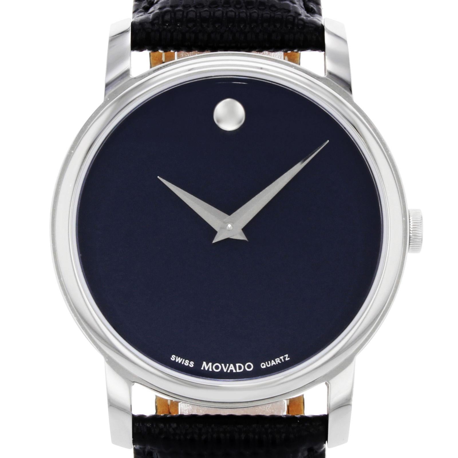 (18246)
This pre-owned Movado Museum 2100007 is a beautiful men's timepiece that is powered by a quartz movement which is cased in a stainless steel case. It has a round shape face, no features dial and has hand unspecified style markers. It is