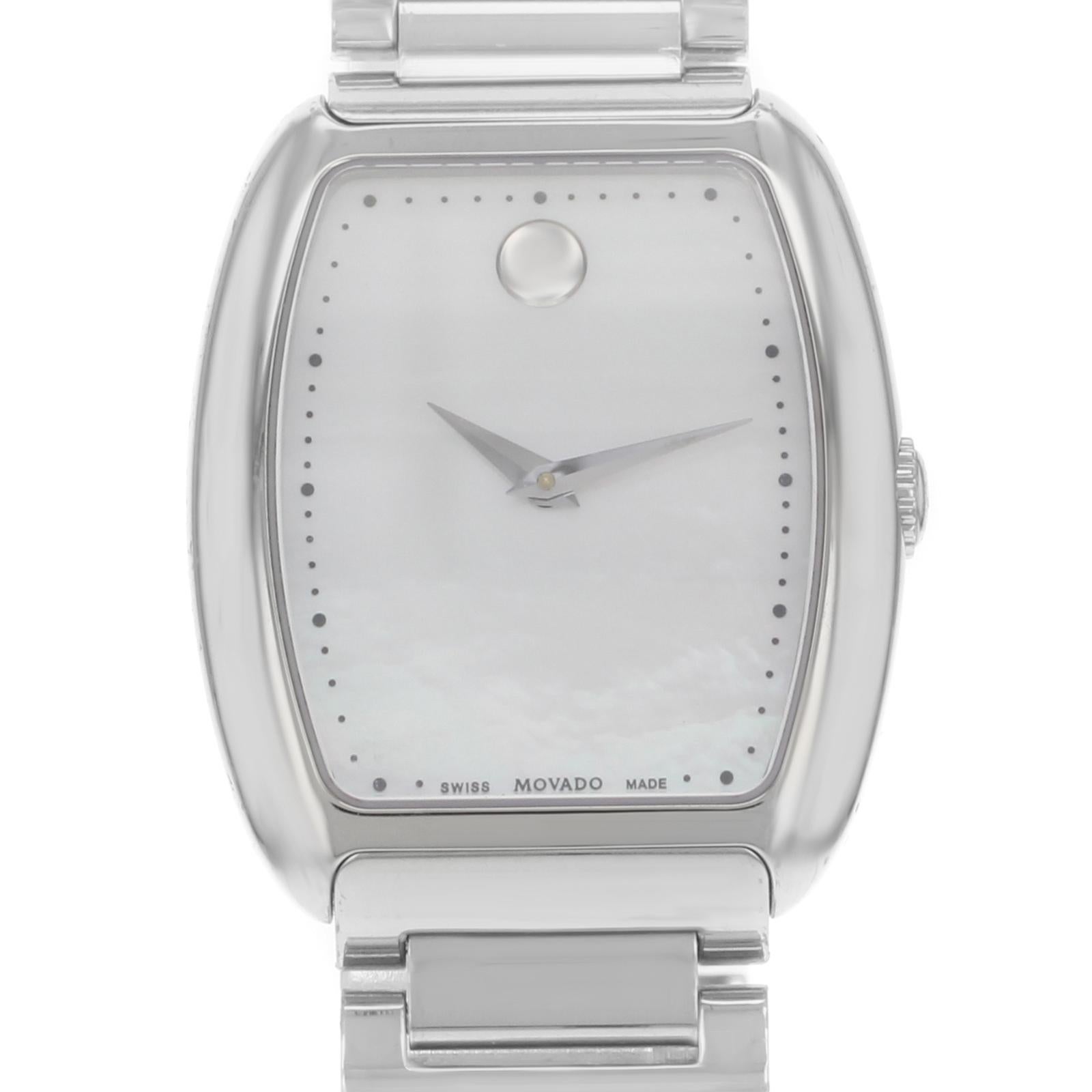 This pre-owned Movado Concerto 0606547 is a beautiful Ladies timepiece that is powered by a quartz movement which is cased in a stainless steel case. It has a tonneau shape face, dial and has hand unspecified style markers. It is completed with a