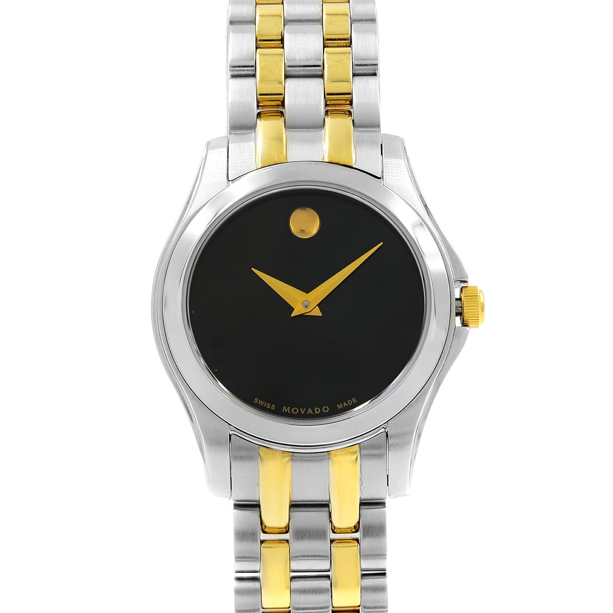 This display model Movado Corporate 0605976 is a beautiful Ladies timepiece that is powered by a quartz movement which is cased in a stainless steel case. It has a round shape face, no features dial and has hand unspecified style markers. It is