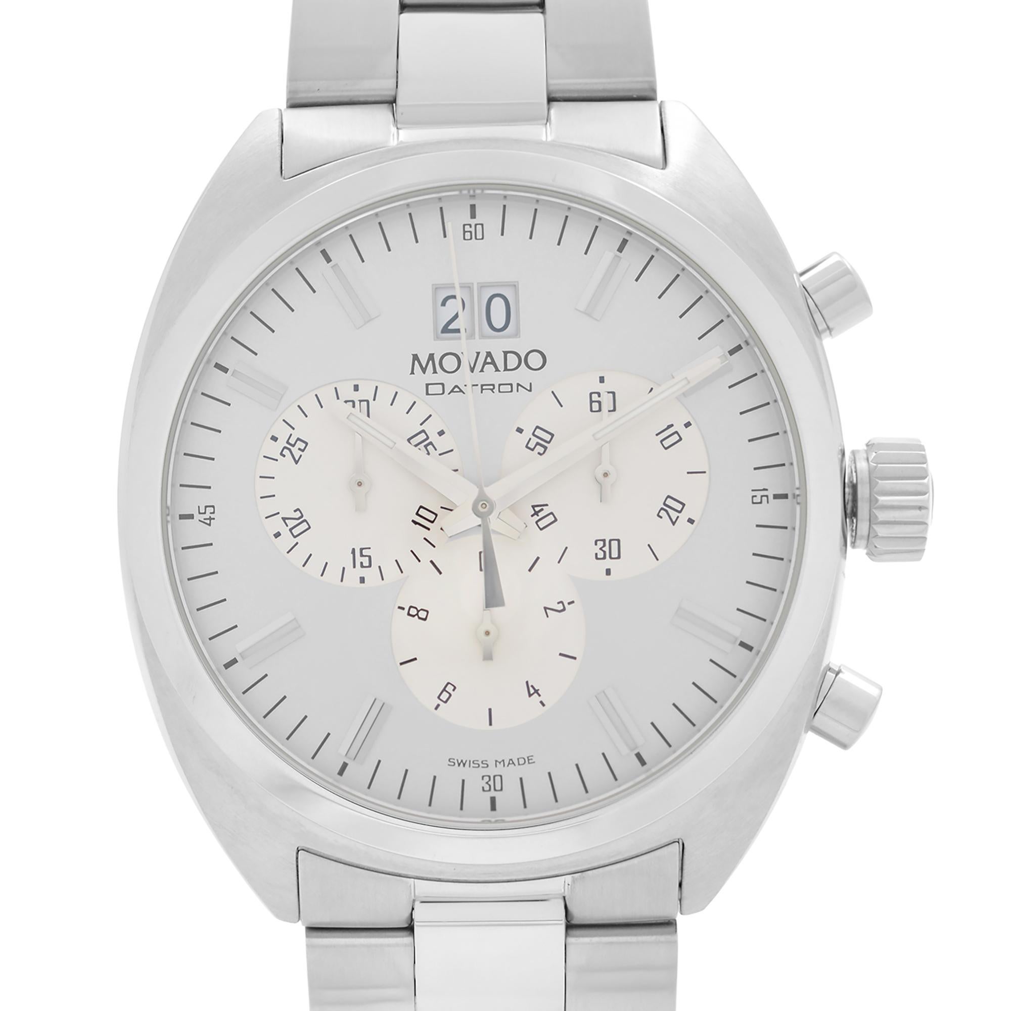 Store Display Model Movado Datron Stainless Steel Chronograph Silver Dial Quartz Men's Watch 0606477. Original Box and Papers are Included. Covered by 1-year Chronostore Warranty. 
Details:
MSRP 1495
Brand Movado
Department Men
Model Number