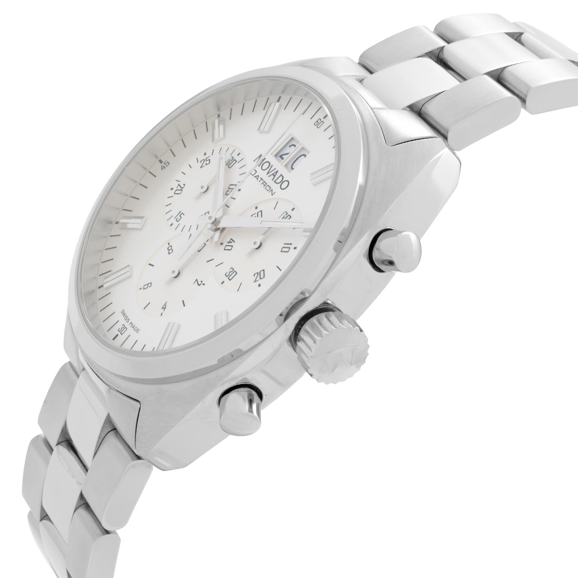 Movado Datron Edelstahl Chronograph Silber Zifferblatt Quarz Herrenuhr 0606477 im Zustand „Neu“ in New York, NY