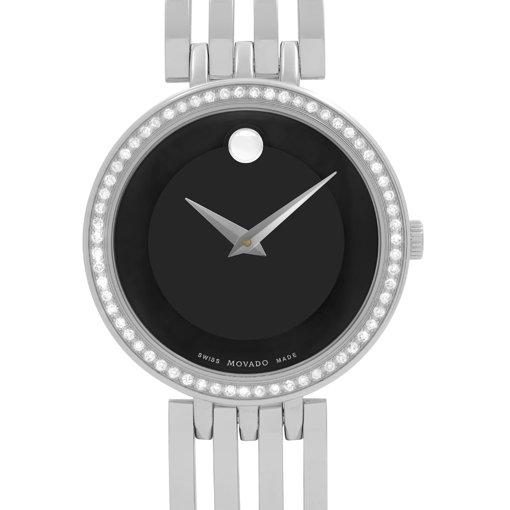 Unworn Movado Esperanza Diamonds Stainless Steel Black Dial Quartz Ladies Watch 0607052. This Beautiful Timepiece Features: Stainless Steel Case and Bracelet, Fixed Stainless Steel Bezel Set with Diamonds, Matte Black Dial with Silver-Tone Hands,