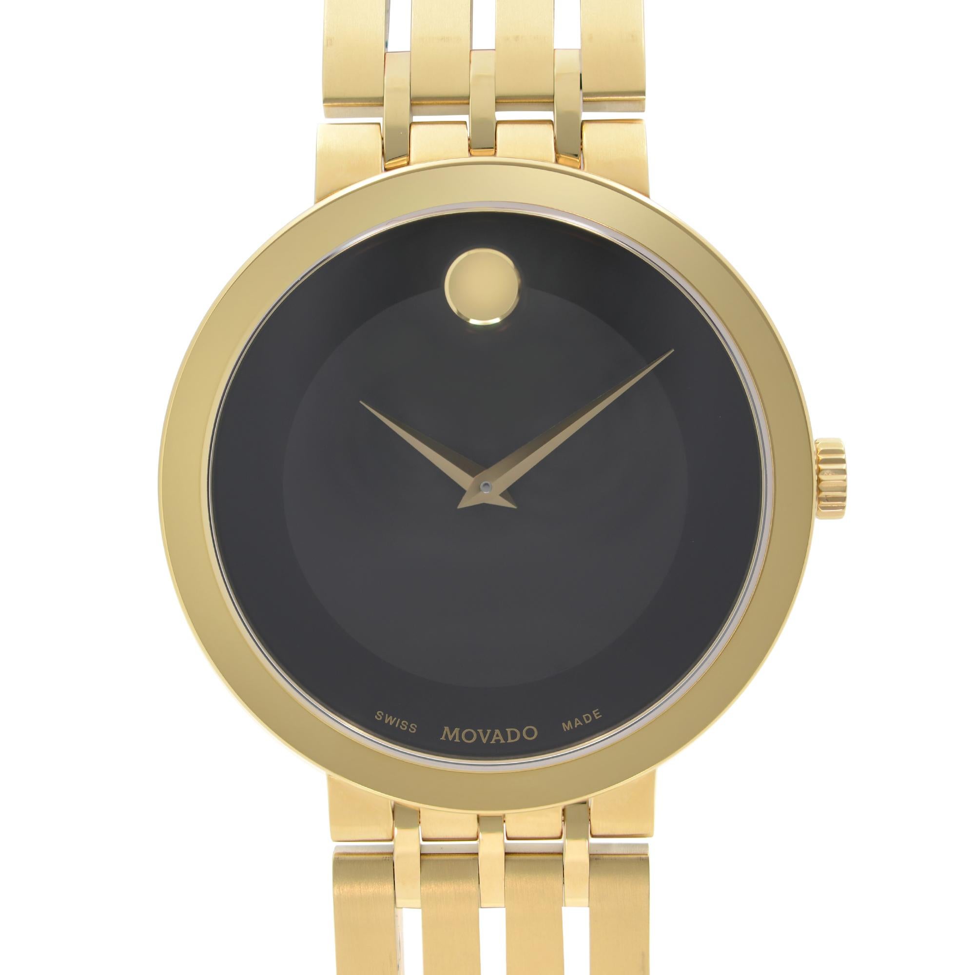 New With Defects Movado Esperanza Museum Gold-Tone Steel Black Dial Men's Watch 0607059. This Beautiful Timepiece Features: Yellow Gold Tone Stainless Steel Case and Bracelet. Fixed Yellow Gold Tone Bezel. Black Dial with Gold Tone Hands. No
