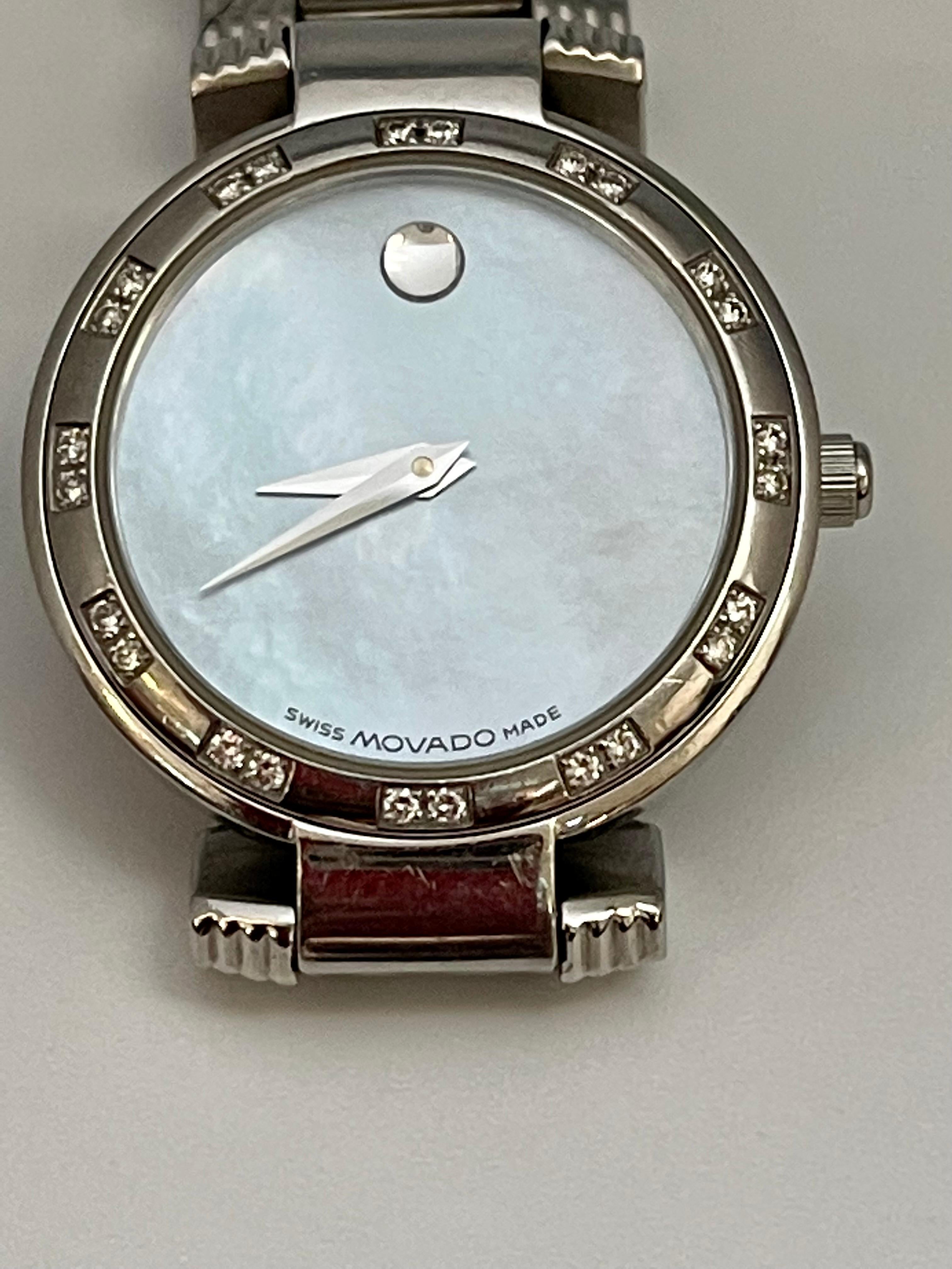 MOVADO Esperanza Quartz SS White MOP Diamond Women's Watch, 6553674 In Excellent Condition In New York, NY