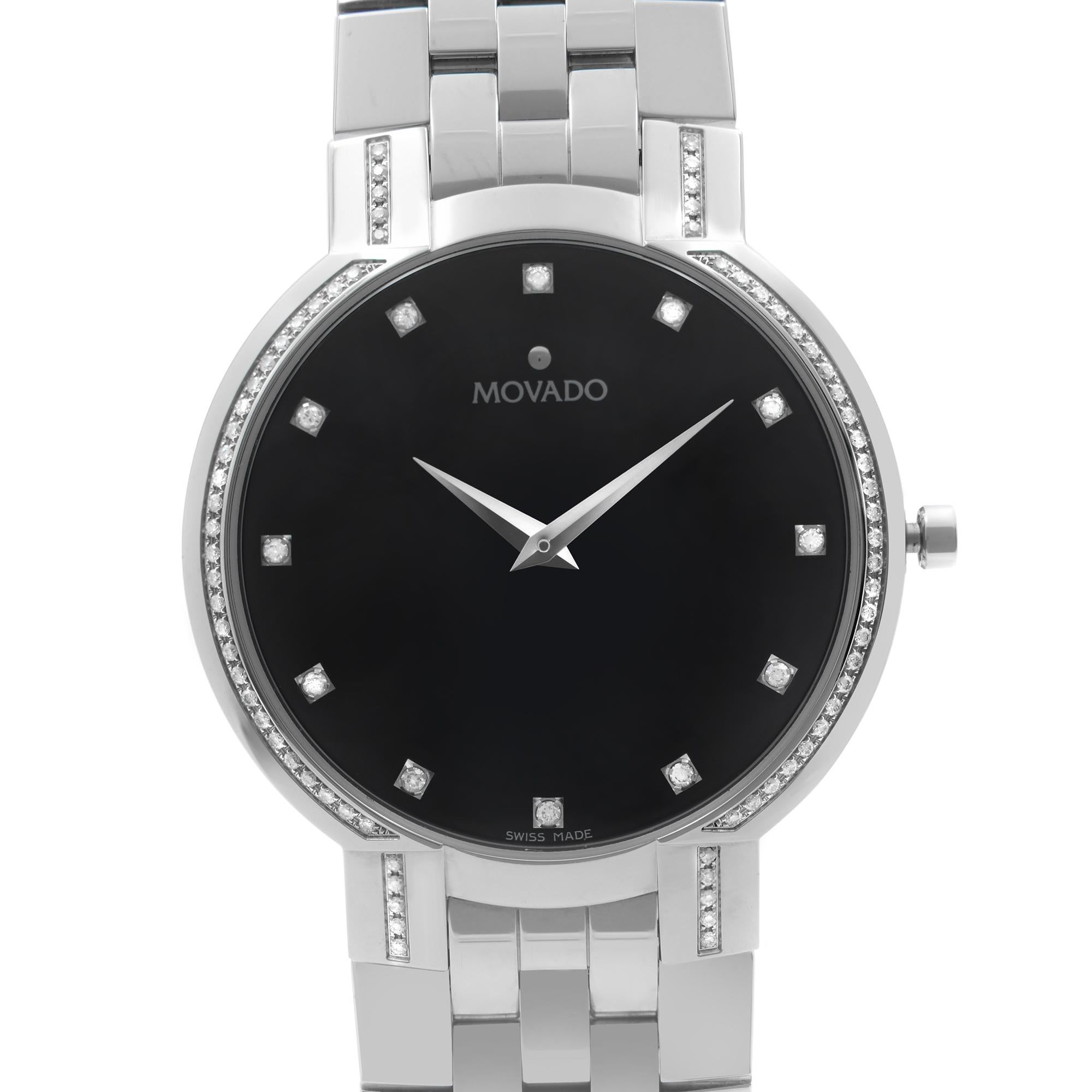 Unworn Movado Faceto 38mm Diamonds Stainless Steel Black Dial Quartz Men's Watch 0606237. This Timepiece Features: Stainless Steel Case and Bracelet, Fixed Stainless Steel Bezel Set with Diamonds, Black Dial with Silver-Tone Hands, And Diamond Hour